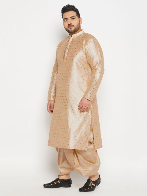 Vastramay Men's Plus Size Gold Zari Weaved Kurta Dhoti Set